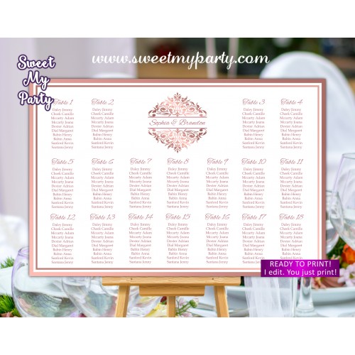 Rose gold Seating Chart printable,Rose Gold Seating Plan printable,(114)